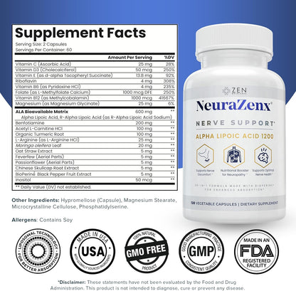 Zen Nutrients NeuraZenX Nerve Support & Peripheral Neuropathy Support Supplement with 1200mg Alpha Lipoic Acid (ALA), Benfotiamine, L-Carnitine, and Turmeric