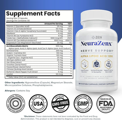 Zen Nutrients 1200mg Alpha Lipoic Acid R Matrix + Benfotiamine + B Complex Nerve Support - NeuraZenX Neuropathy Support Supplement with L-Carnitine and Turmeric (120 Capsules)