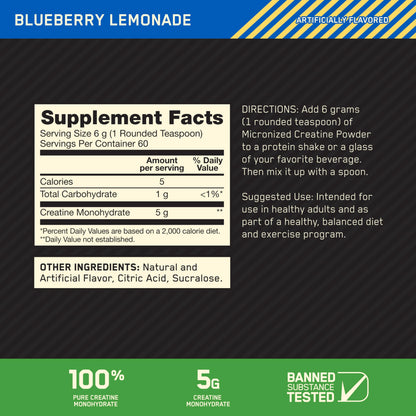 Optimum Nutrition Micronized Creatine Monohydrate Powder, Blueberry Lemonade Creatine, 60 Servings, 360 Grams (Packaging May Vary)