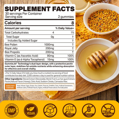 Nextdia Bee Pollen Organic 1000mg, w/Propolis, Royal Jelly, Sugar Free Bee Pollen Gummies Rich in B-Vitamin, Antioxidants, Amino Acids, Bee Pollen Supplement for Energy, Skin & Immune (1 Pack)