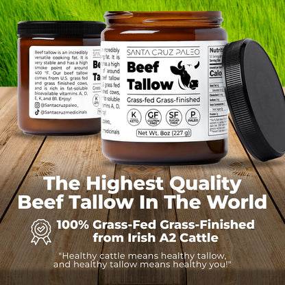Santa Cruz Paleo Beef Tallow for Cooking, 100% Grass Fed and Finished, Gluten Free, Keto, Sugar Free, Paleo, With Vitamin D, E, K, B1, A, Fatty Acids, 8 Oz