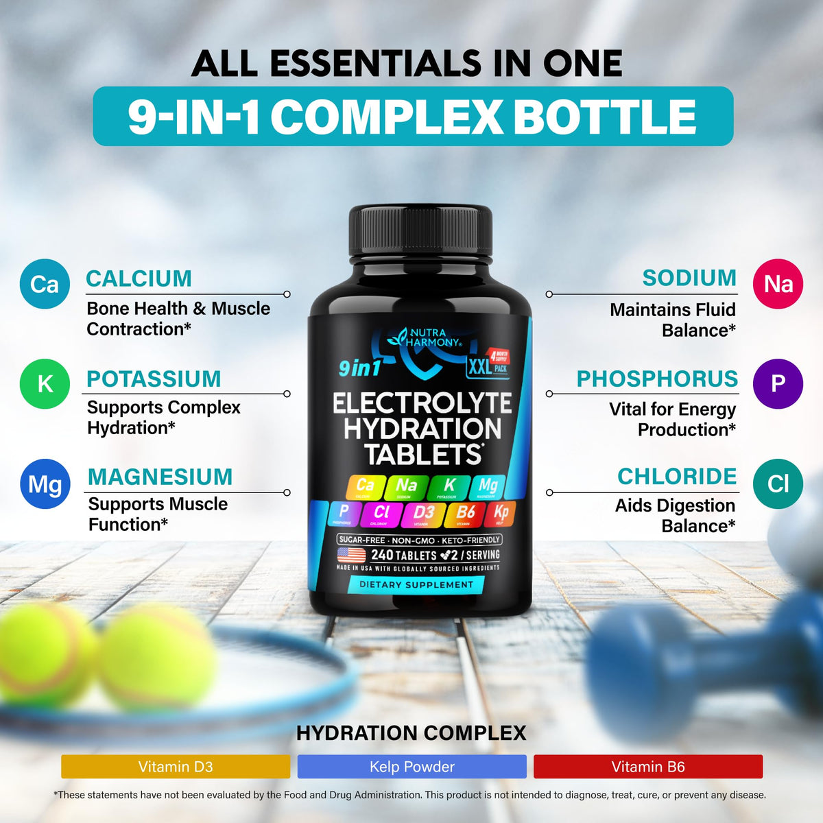 Electrolytes - Electrolyte Tablets with Magnesium, Sodium, Potassium, Chloride, Vitamins D3 & B6, Kelp Powder - Salt Pills - Lab Tested - Oral Tablets as Capsules - Vegan & Keto Friendly - 120 Tabs