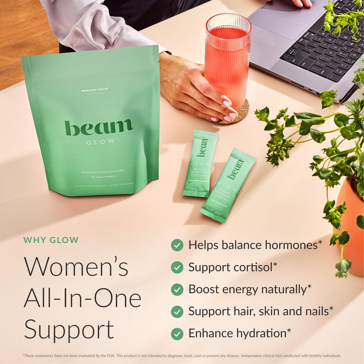 BEAM Glow Hormone Support & Cortisol Supplement for Women - Daily Vitamins for Women with Ashwagandha, Selenium, Zinc, Vitamin A, Biotin for Cycle Health, Mood & Energy, Strawberry Kiwi, 15 Servings