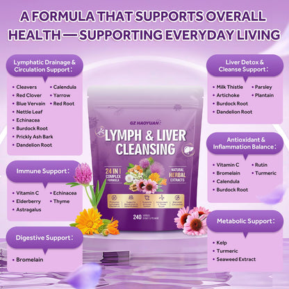 Lymphatic Drainage Supplement, Liver Cleanse Detox & Repair, 24-in-1 Herbal Blend with Echinacea, Dandelion, Burdock, Bromelain, Calendula, Turmeric - Lymph System Support, Less Bloating, 240 Softgels GZ HAOYUAN buy supplements Au
