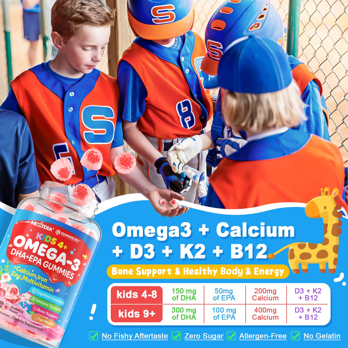 Nextdia Omega 3 (EPA/DHA) Filled Gummies for Kids Teen with Multivitamin, Calcium + D3 + K2 + Zinc, Plus Vitamin A B1 B2 B12 C, Selenium, Iodine for Brain, Eye, Bone, Energy, No Fish Taste, Sugar Free