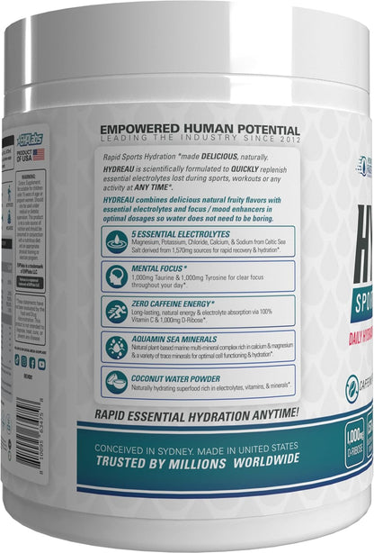 EHP Labs Hydreau Electrolytes Powder No Sugar - Hydration Powder for Endurance & Energy - Electrolyte Powder for Men & Women - Sugar Free Electrolytes - Kiwi Strawberry (40 Serves)