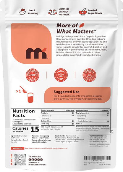 Micro Ingredients Organic Beet Root Powder, 4lb (64 oz) | Nitric Oxide Supplement, Water Soluble, Highly Concentrated Raw Beet Supplement, Superfood Drink Mix, Non-GMO, Plant Based