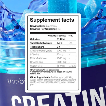 Thinbi Creatine Gummies for Women & Men, Monohydrate, Blueberry, 120 Count