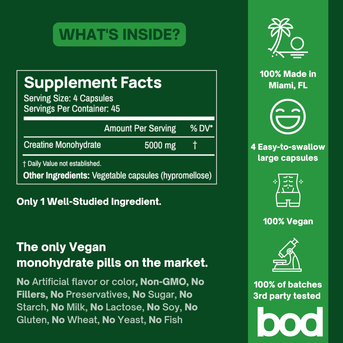Suplement ​Bod Creatine Monohydrate Capsules – 45 Servings (4 Capsules = 5 g) – Ultra-Pure 200 Mesh Creatine Monohydrate – Strength - VelvetGlow USA