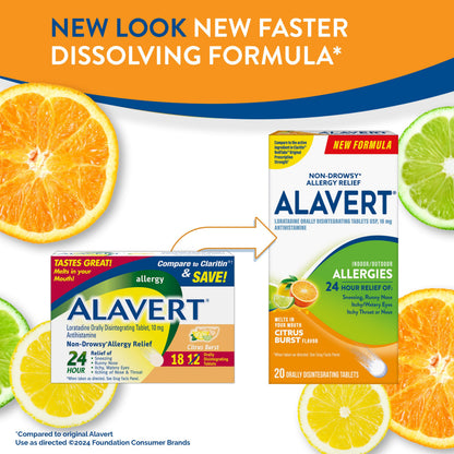 Alavert 24 Hour Allergy Relief Tablets, Non-Drowsy Antihistamine, Orally Disintegrating Allergy Tablets, Loratadine 10 mg, Citrus Burst Flavor, 18 Count