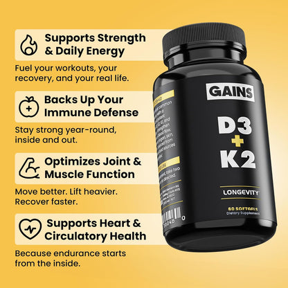 Gains in Bulk HER Stack, Instantized Creatine for Women & D3 K2 Supplement, Strawberry Fizz Flavor, Wellness Support for Men & Women, 20 Packets and 60 Softgels