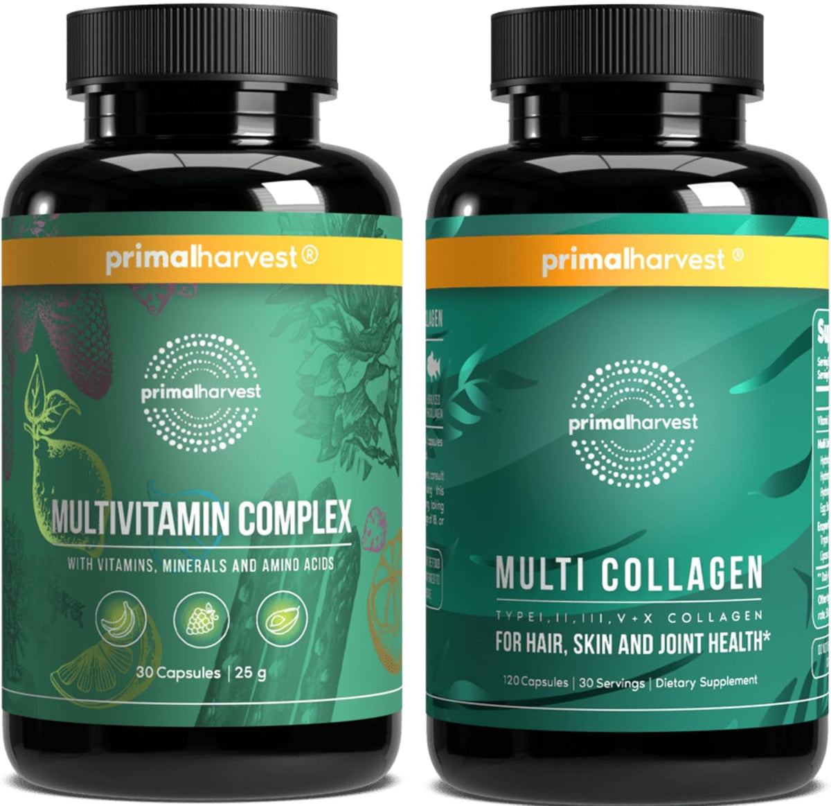 Primal Harvest Multivitamin & Collagen Supplements for Women and Men Multi Vitamin Capsules and Collagen Peptides Pills Bundle