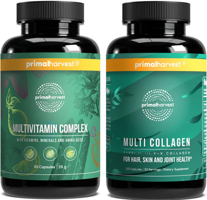 Primal Harvest Multivitamin & Collagen Supplements for Women and Men Multi Vitamin Capsules and Collagen Peptides Pills Bundle