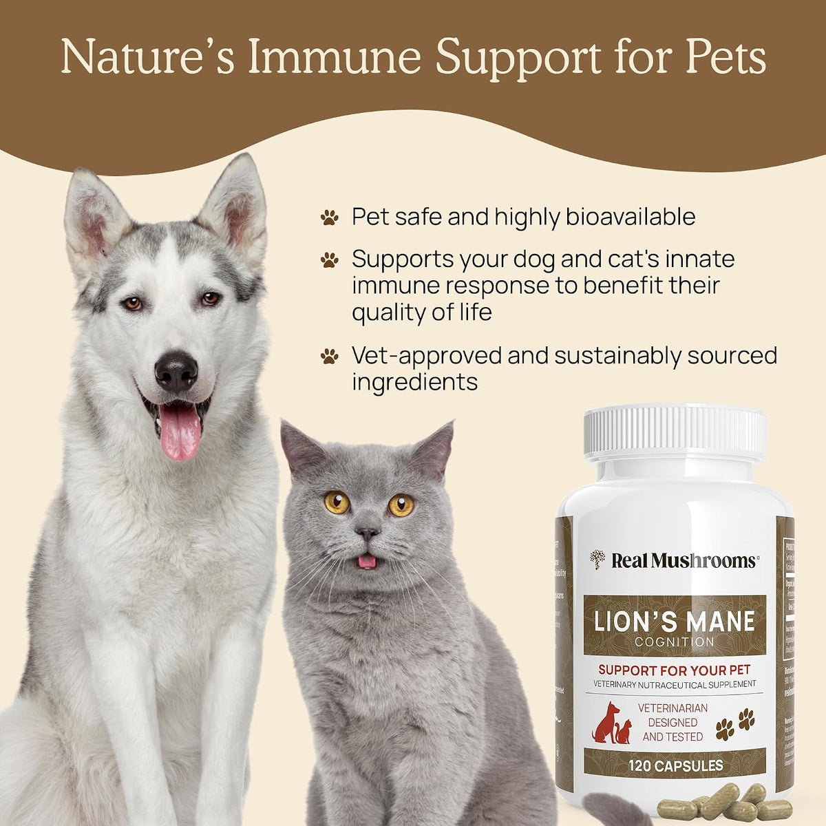 Real Mushrooms Lions Mane for Humans (120ct) and Pets (120ct) - Bundle for Cognition & Immunity - Vegan, Non-GMO, Gluten-Free, Grain-Free Mushroom Extract Supplements