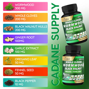 Cadane Wormwood Whole Cloves Black Walnut with Ginger, Garlic, Oregano, Fennel & Black Pepper | Digestive & Wellness Support | 120 Capsules – 60-Day Organic CadaneBuy Supplements Australia