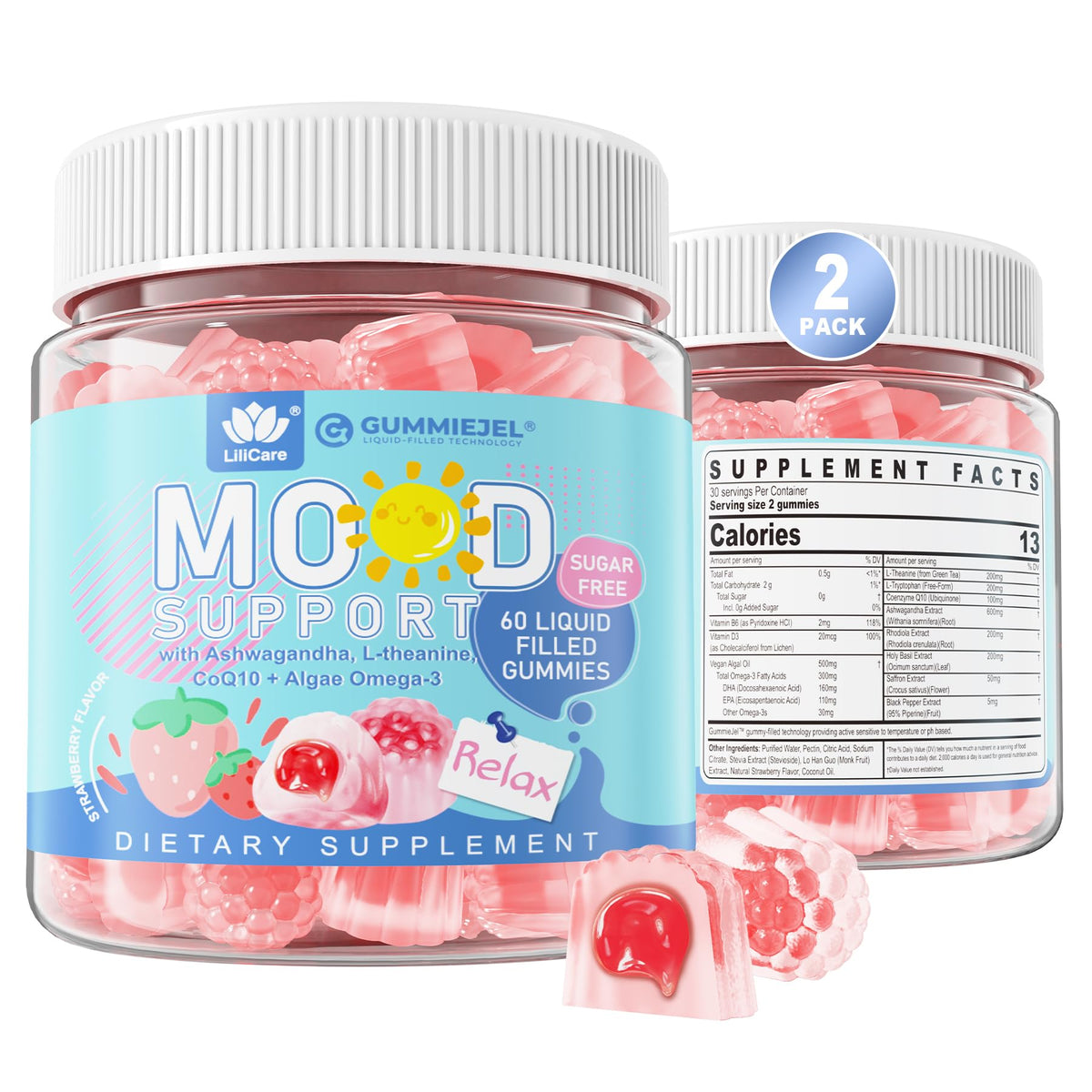 Ashwagandha Saffron Calm Gummies + Omega 3, L-Theanine & CoQ10 for Women Men, Natural Calming Happy Relax Gummies for Adults, Mood Support Supplement Gummy, Strawberry Flavor, Sugar Free, Vegan, 60ct