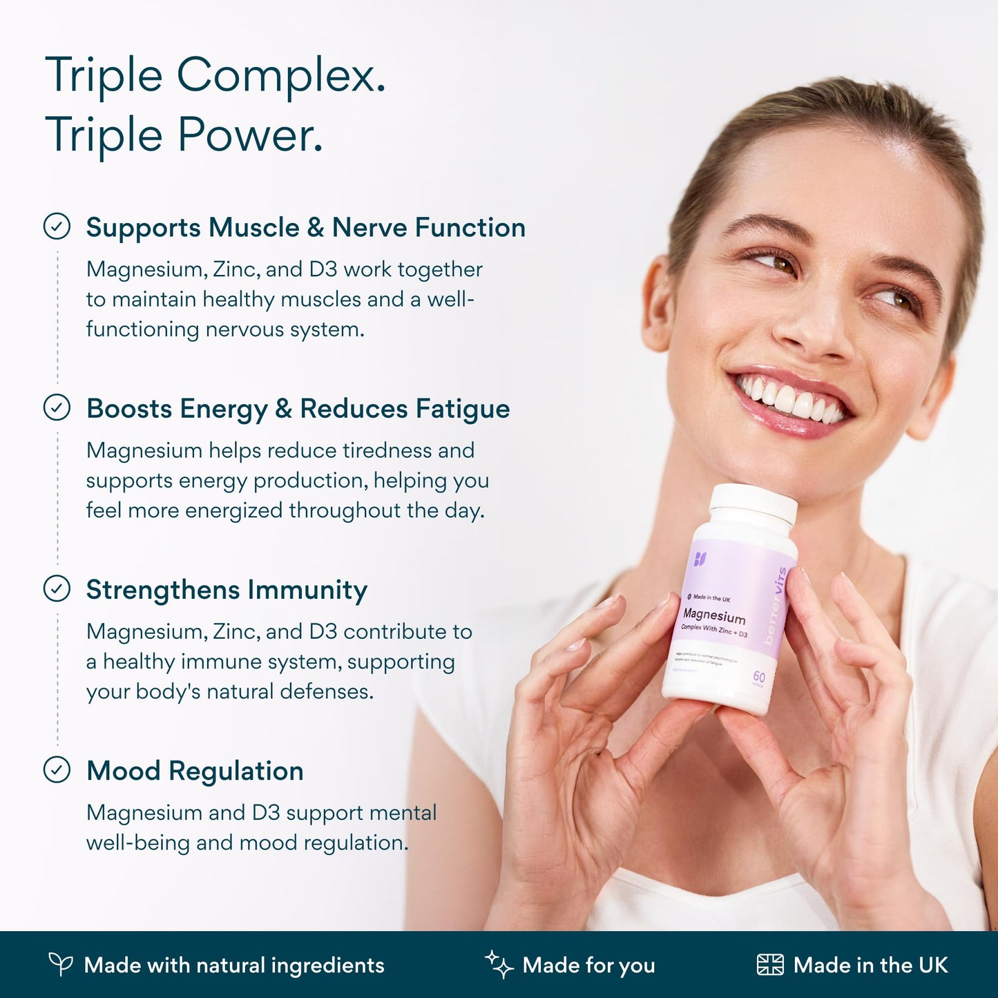 Bettervits Magnesium Glycinate Complex with Citrate Malate Zinc & Vitamin D3 | High Absorption Pure Magnesium 225mg Supplement Chelated Formula for Muscle Relaxation, Sleep Support – 60 Capsules Bettervits buy supplements Au