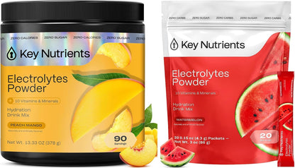 KEY NUTRIENTS Electrolytes Powder Bundle, Tropical Peach Mango 90 Servings Jar + Juicy Watermelon 20 Count Packets, Sugar Free Hydration Travel Drink Mix with Vitamins & Minerals, No Calories