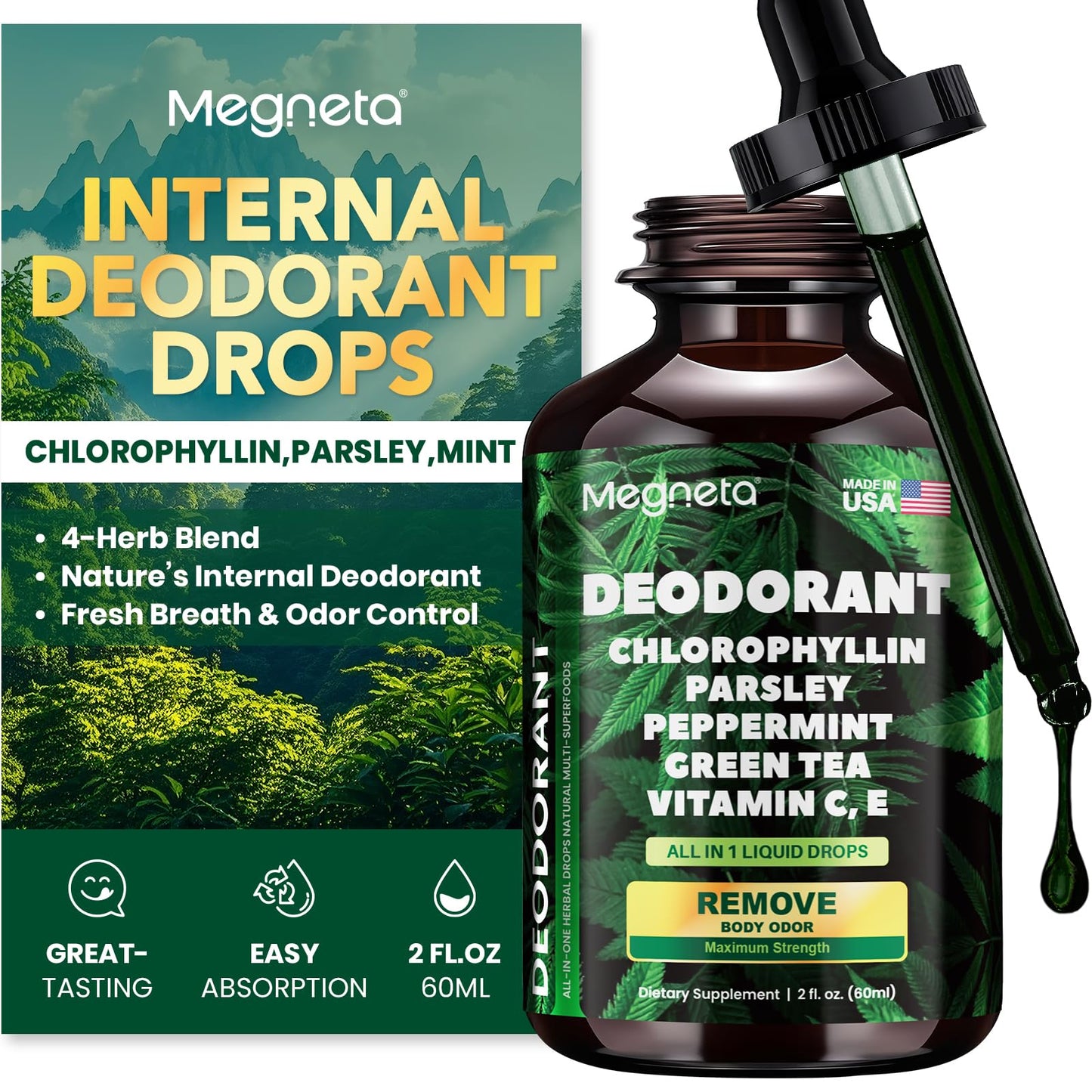 Chlorophyll Liquid Drops – Body Deodorizing Supplement for Women & Men – Detox, Energy & Skin Health Support– Vegan, Non-GMO, 2 Fl Oz