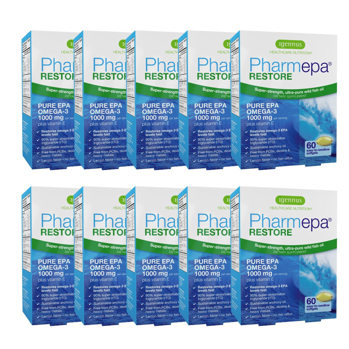 Igennus Pharmepa Restore, Pure EPA 1000mg, IFOS Certified, 90% High Concentration, rTG Omega-3 for High Absorption, Triple Strength, Wild Fish Oil, 60 Softgels