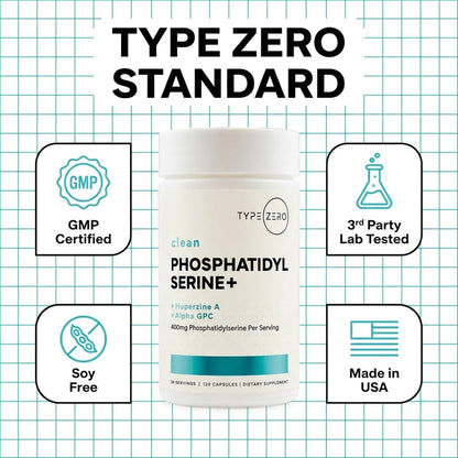 Type Zero Phosphatidylserine+ (400mg) 120 Capsules, 30 Servings | With Huperzine A + Alpha GPC, 3X Strength Nootropics Brain Support Supplement, Clean Focus & Memory