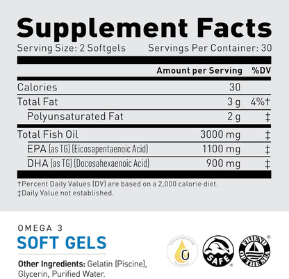 Kaged Omega 3 Fish Oil Supplement | 3000mg Omega 3 Fatty Acid with EPA & DHA | Ultra-Pure | No Fish Burps | 60 Pills