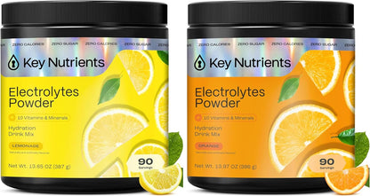 KEY NUTRIENTS Electrolytes Powder Bundle, Refreshing Lemonade 90 Servings Jar + Orange 90 Servings Jar, Sugar Free Hydration Drink Mix with Vitamins & Minerals, No Calories