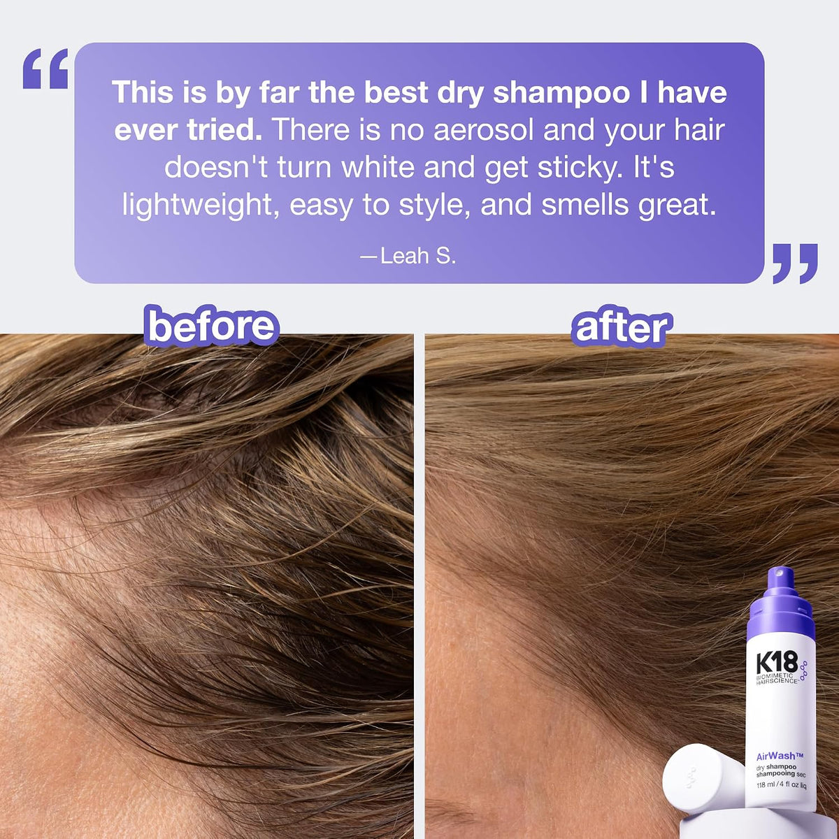 K18 AirWash™ Dry Shampoo, Non-Aerosol, Balances Scalp & Controls Excess Oil Production