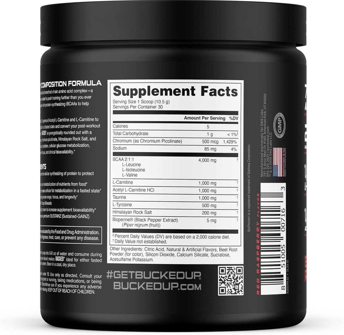 Bucked Up Racked Blood Raz | Intra Workout BCAA 2-1-1 Formula with L Carnitine Acetyl L Carnitine Taurine and L Tyrosine | Amino Acid Powder Supplement (30 Servings)
