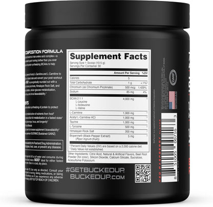 Bucked Up Racked Blood Raz | Intra Workout BCAA 2-1-1 Formula with L Carnitine Acetyl L Carnitine Taurine and L Tyrosine | Amino Acid Powder Supplement (30 Servings)