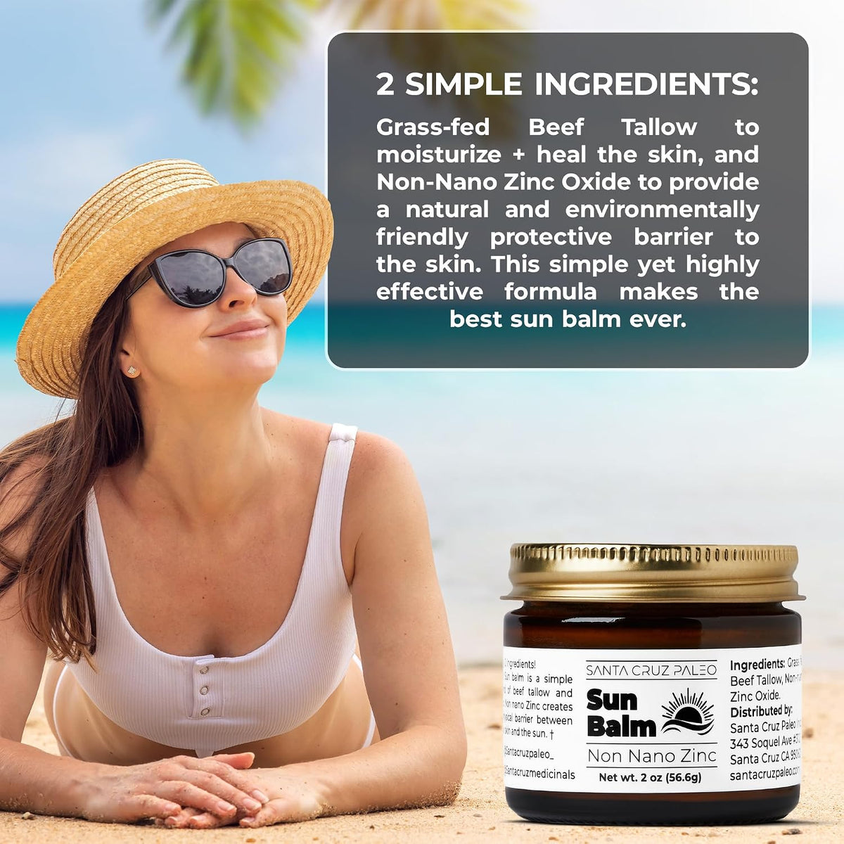 Santa Cruz Paleo, Beef Tallow Sun Balm with Non-Nano Zinc Oxide, Sunscreen Free, Unscented, Natural Mineral Sun Protection for Face & Body, Acne Safe, Moisturizer, Non Comedogenic, Organic Balm, 2 Oz