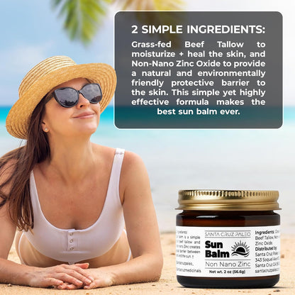 Santa Cruz Paleo, Beef Tallow Sun Balm with Non-Nano Zinc Oxide, Sunscreen Free, Unscented, Natural Mineral Sun Protection for Face & Body, Acne Safe, Moisturizer, Non Comedogenic, Organic Balm, 2 Oz