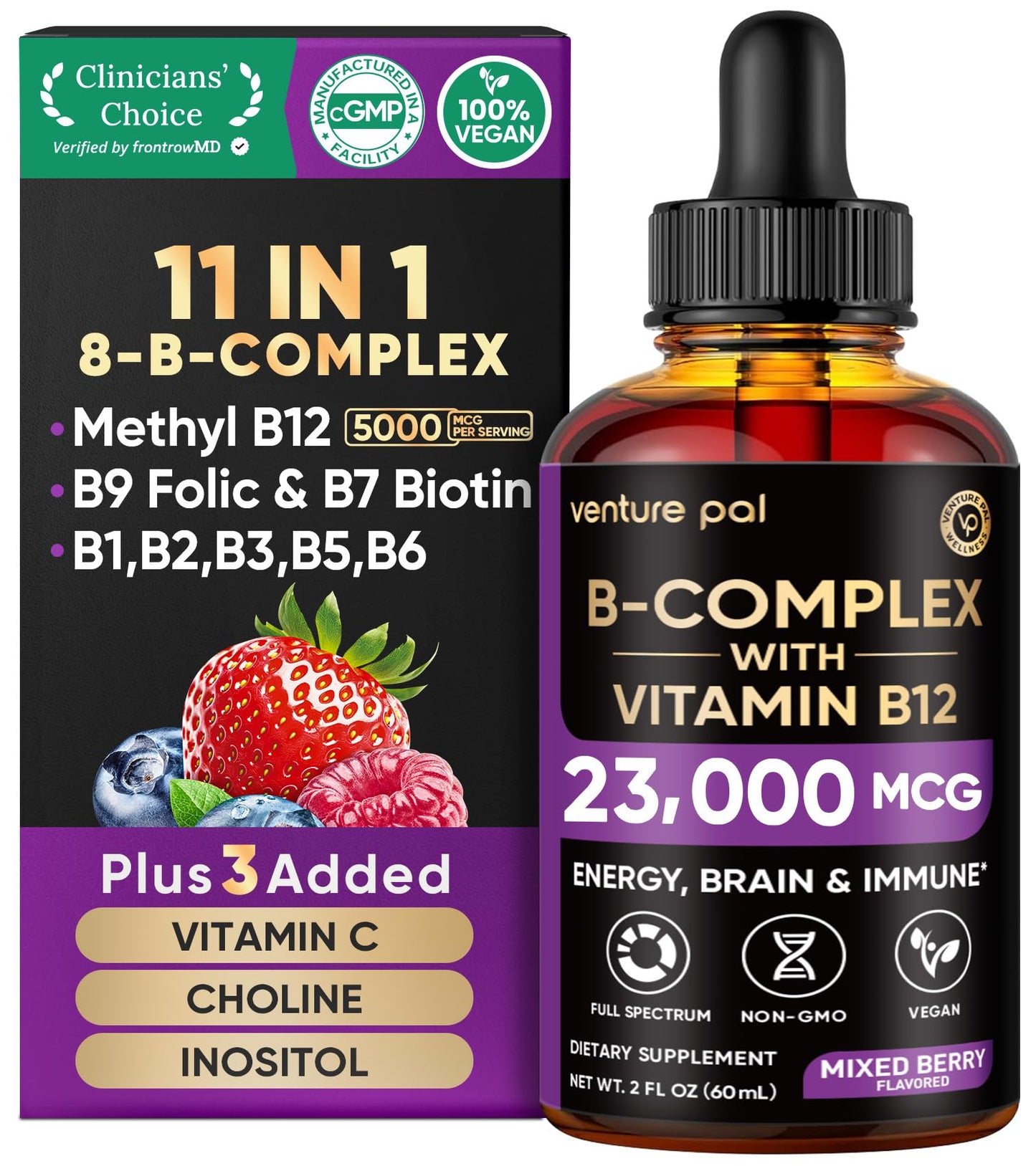 Venture Pal Vitamin B Complex Liquid Drops, B12 Methylcobalamin | B9 Folic | B1,B2,B3,B5,B6,B16 - Vitamin C, Choline, Inositol