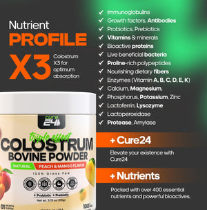 Cure24 Bovine X3 Colostrum Supplement Powder for Humans, 100% Pure Whole Natural Grass Fed Superfood, High IgG, Plus Probiotic & Prebiotic, Natural Peach-Mango Flavor, Made in USA Cure24 buy supplements Au
