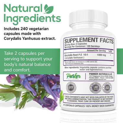 Parker Naturals Pure Corydalis Root Extract Capsule - 1000mg Strength, 10:1 Corydalis Yanhusuo Extract, Natural Relief, Long Lasting, 100% Vegetarian, 120 Servings, 240 Count Parker NaturalsBuy Supplements Australia