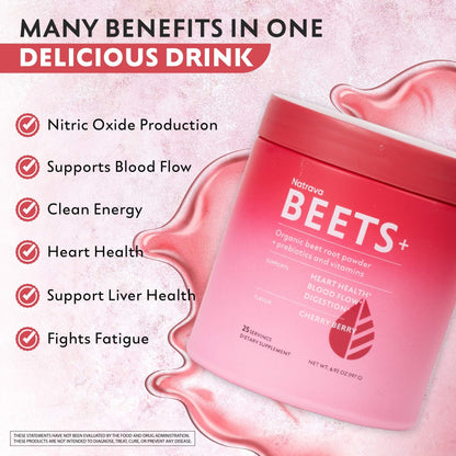 Natrava Beets+ Organic Beet Root Powder Blend Fortified with Vitamins & Prebiotics for Heart Healthy Energy & Nitric Oxide Production