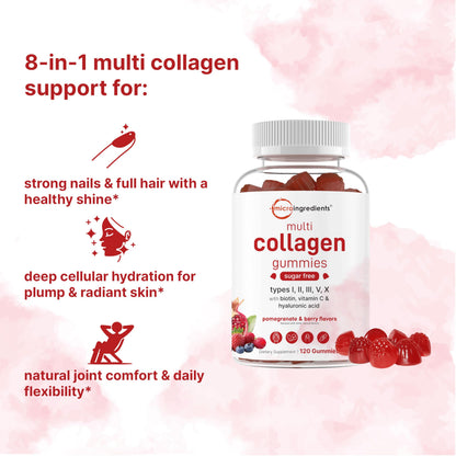 Micro Ingredients Multi Collagen Peptides, 120 Collagen Gummies | Type I,II,III,V,X Protein with Biotin, Hyaluronic Acid, & Vitamin C Complex | Pomegranate & Berry Flavored