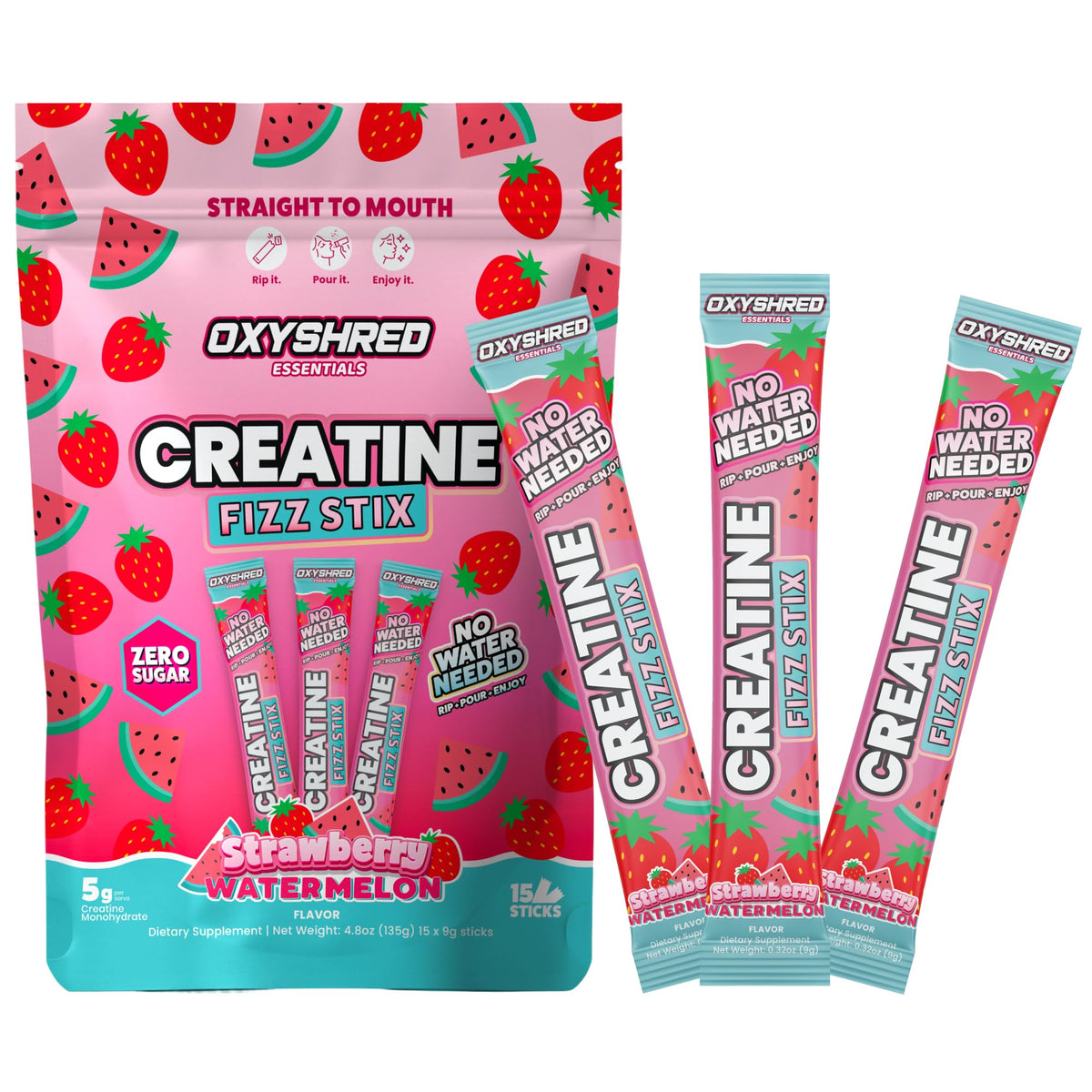 EHP Labs OxyShred Creatine Monohydrate Fizz Sticks, Cherry Slushie, 15 Pack | 5g Micronized Creatine Per Stick. No Water Needed, Zero Sugar, Vegan & Gluten Free. Single Serve On The Go.
