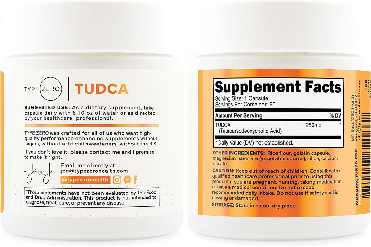 Type Zero Clean TUDCA (250mg) 60 Capsules, 60 Servings | Pure Tauroursodeoxycholic Acid Supplement, Bile Salt Derivative