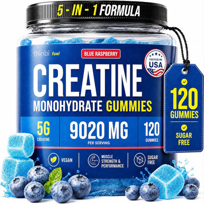 Thinbi Creatine Gummies for Women & Men, Monohydrate, Blueberry, 120 Count