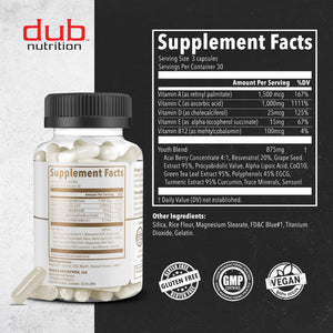 Dub Nutrition Youth - Formula with Acai, Resveratrol, Curcumin, Vitamins A, C, D, E, B12, and CoQ10 - Supports Immunity and Mobility - 90 Capsules Dub NutritionBuy Supplements Australia