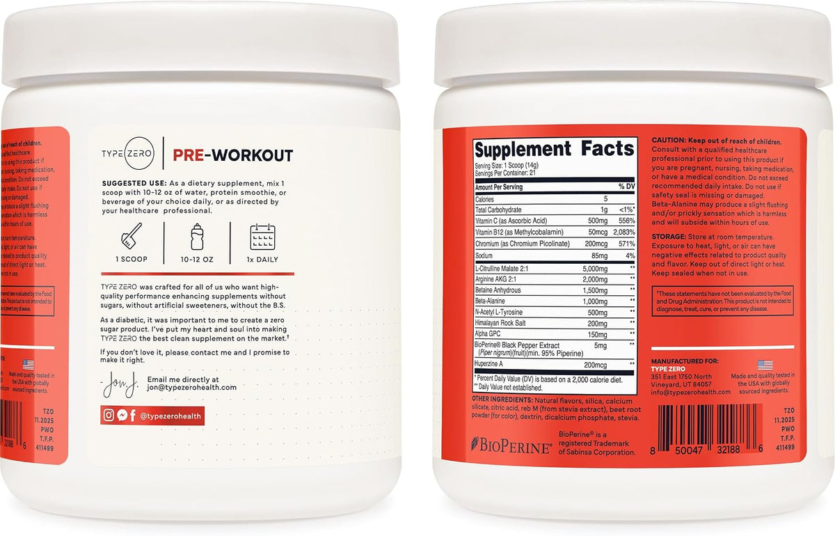 Type Zero Clean Stim Free Pre Workout Powder (Tropical Fruit Punch) 21 Serv | Nitric Oxide Booster with L-Citrulline Malate, Arginine AKG, Beta Alanine, Caffeine & Stimulant Free
