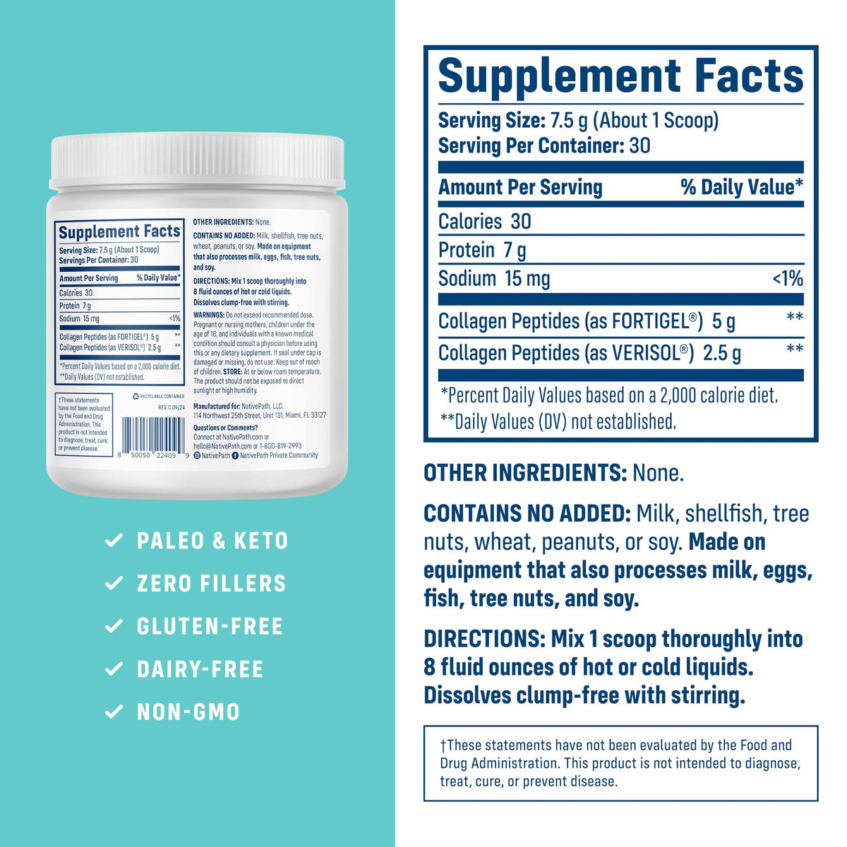 Suplement ​NativePath Fortigel & Verisol Joint Health Collagen Peptides Powder – Type 1 & 3, Grass-Fed Unflavored, 30 Servings - VelvetGlow USA
