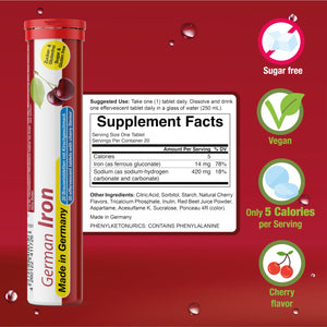 T&D German Iron 14 mg - 60 Vegan Drink Effervescent Tablets - Cherry Flavor - Made in Germany T&D buy supplements Au