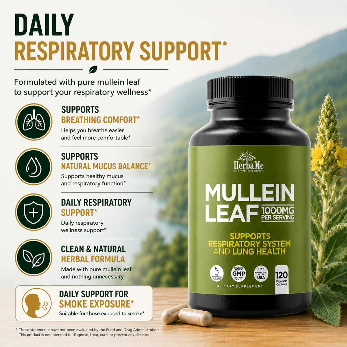HerbaMe Mullein Leaf 1000mg, 120 Capsules - Daily Respiratory Support Supplement, Supports Breathing Comfort & Mucus Balance, Herbal Lung Support for Smokers, Men & Women