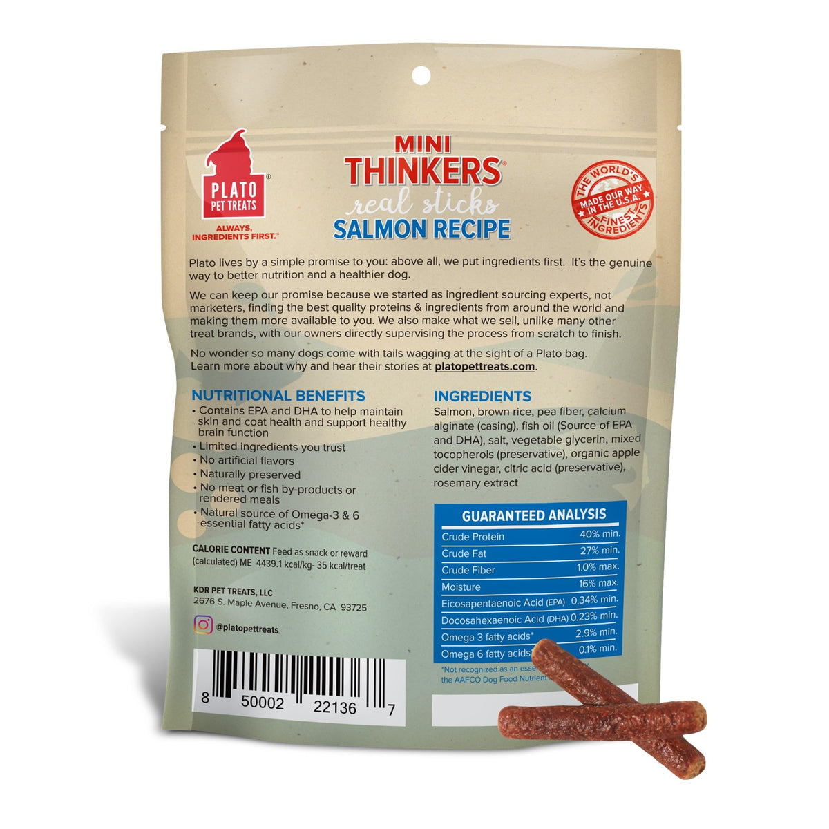 Plato Meat Sticks Salmon Dog Treats, Air-Dried High-Protein Soft Chews with Omega Fish Oil (EPA & DHA), 10 oz