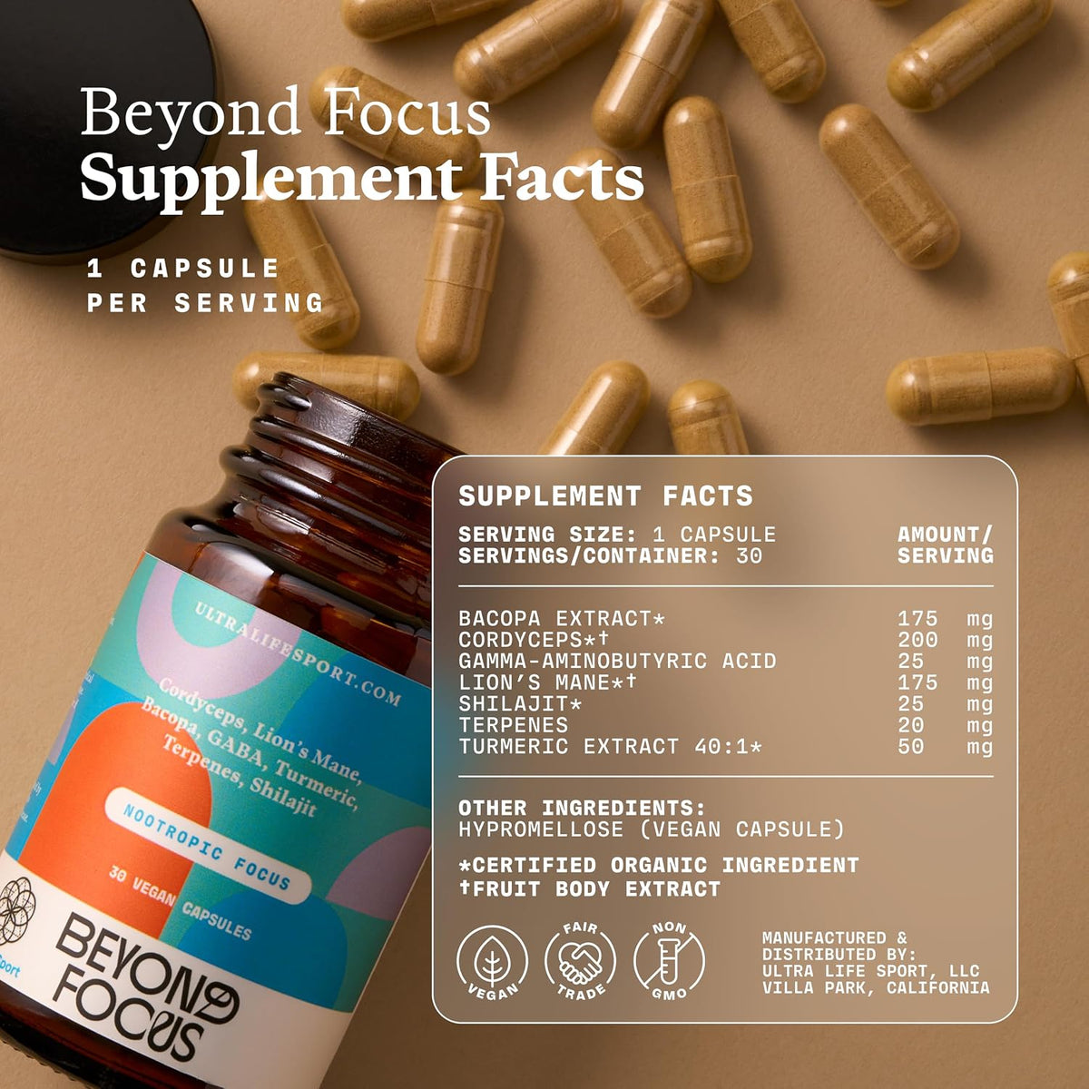 Ultra Life Sport - Beyond Focus Organic Mushroom Supplement - 30 Capsule Brain Supplements for Memory and Focus - 100% Vegan, Non-GMO - Memory Booster with Bacopa, Cordyceps, & Lion’s Mane