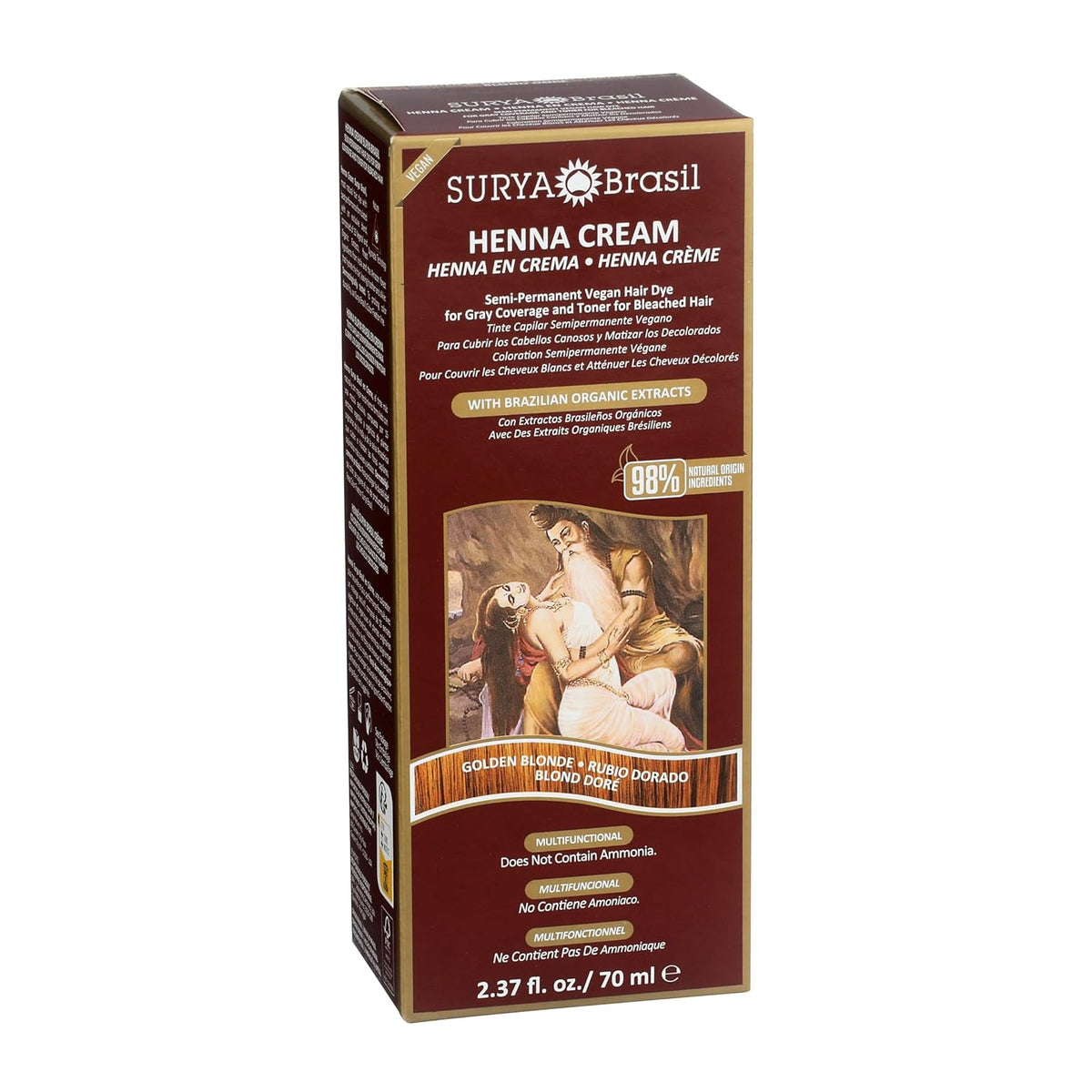 Surya Brasil Henna Cream Golden Blonde - 98% Natural Ingredients, Vegan, Cruelty-Free, Eco-Friendly, Semi-Permanent Hair Color, Deep Hydration & Shine, 2.37 oz