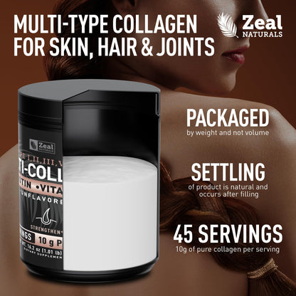 Zeal Naturals Multi Collagen Protein Peptides Powder Types I II III V X - Vitamin C, Biotin & Hyaluronic Acid - Hair, Skin & Nails - Marine, Bovine,