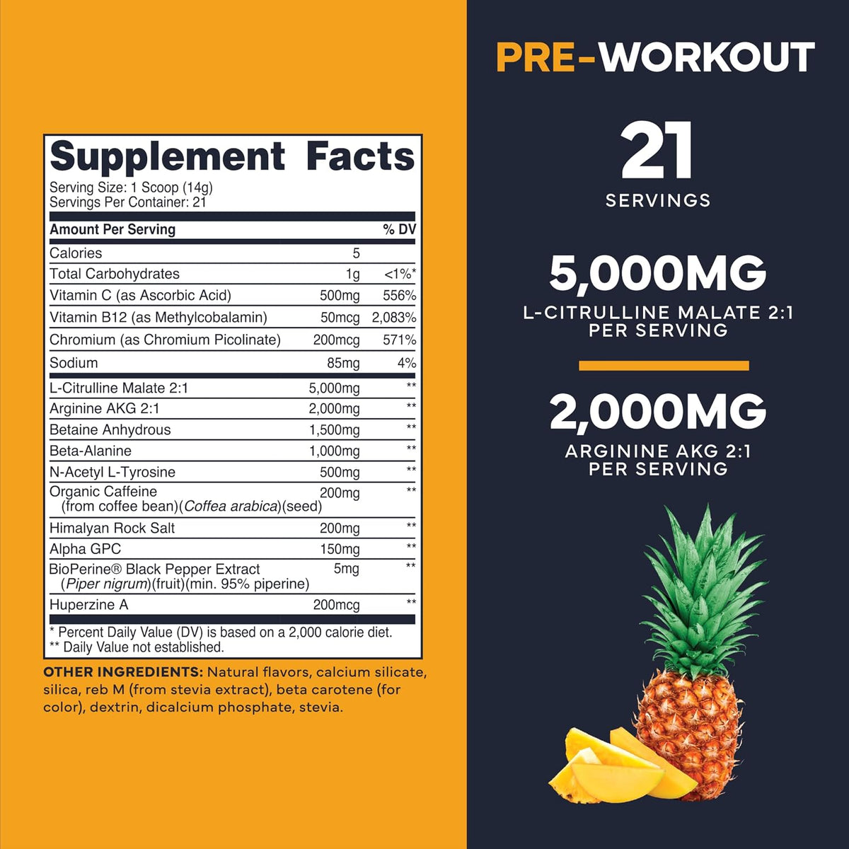 Type Zero Clean Pre Workout Powder (Pineapple Mango) 21 Servings | 200mg Natural Caffeine, L-Citrulline Malate, Beta Alanine, Alpha GPC, Huperzine A, Himalayan Salt, Sugar Free